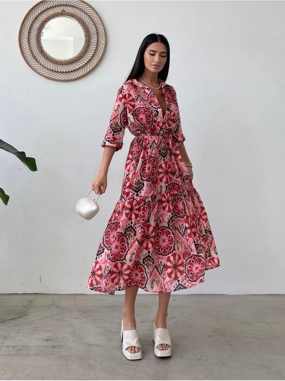 Zara Pink Floral Print Tiered Midi Dress with Tie Waist